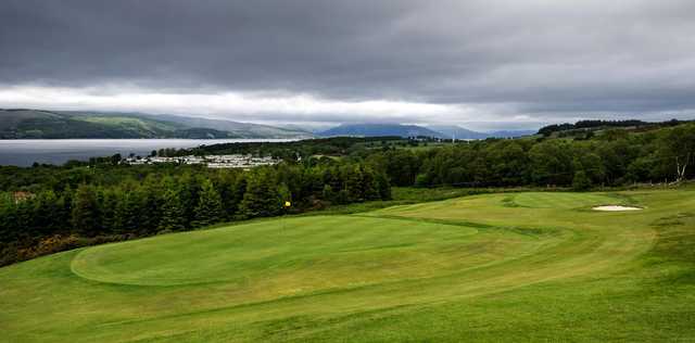 A view of green #2 from tee #17 at Skelmorlie Golf Club.