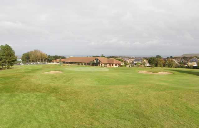 A view of the clubhouse and a green at Saltburn-by-the-Sea Golf Club.