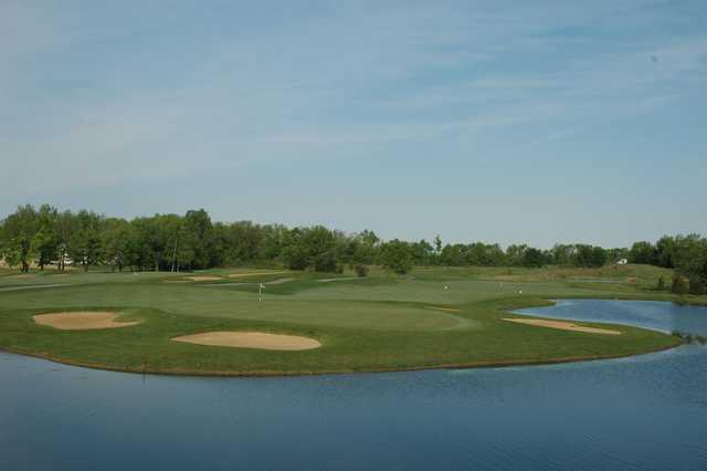 A view of hole #15 surrounded by water at Cumberland Trail Golf Course