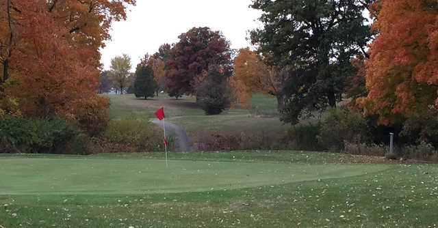 A fall day view of a hole at Wolf Creek Golf Club.