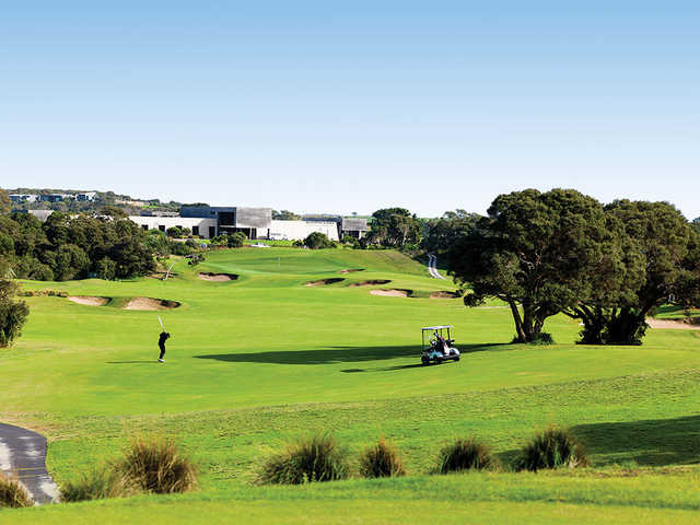 View of the 18th hole from The Legends Course at Moonah Links