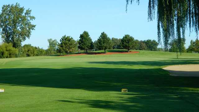 A sunny day view of a green at Foss Park Golf Course.