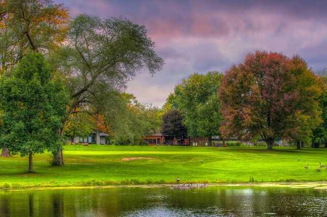 A view over the water of the 16th green at Beechwood Golf Course.
