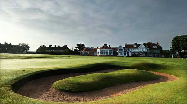 A view of a hole and the clubhouse at Eagle Ridge Golf Club.