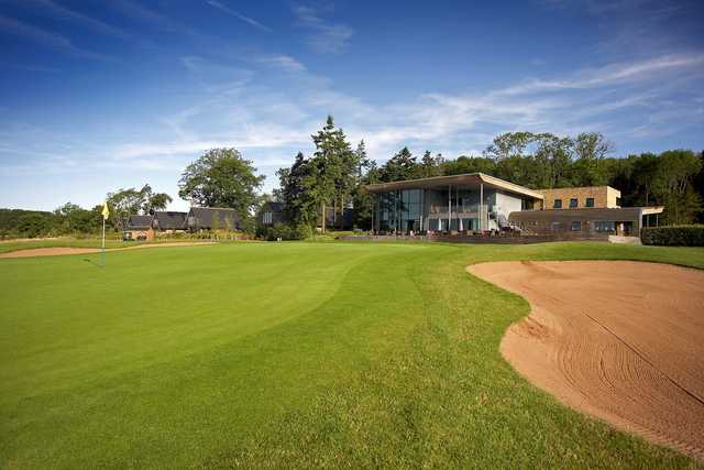 View of the 18th green and clubhouse at Kilnwick Percy Golf Club.