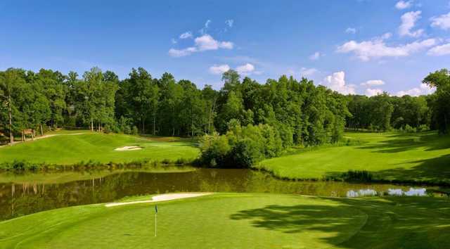 A view of the 10th green with water coming into play at Chestatee Golf Club.