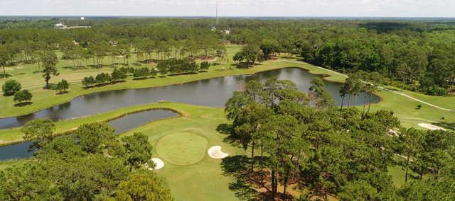 Aerial view of the 18th and 17th holes at Tired Creek Golf Course
