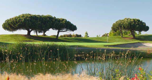 A view of a green with water coming into play at Shoreline Golf Links from Mountain View.