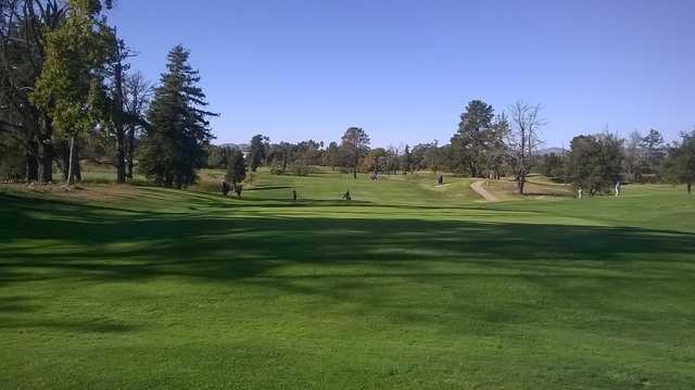 A sunny day view of a green at Napa Golf Course from Kennedy Park