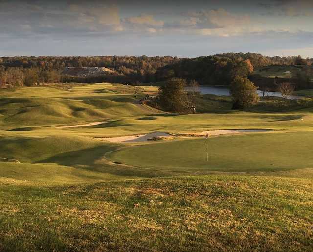 View of the 9th hole from the clubhouse at GreyStone Golf Club.