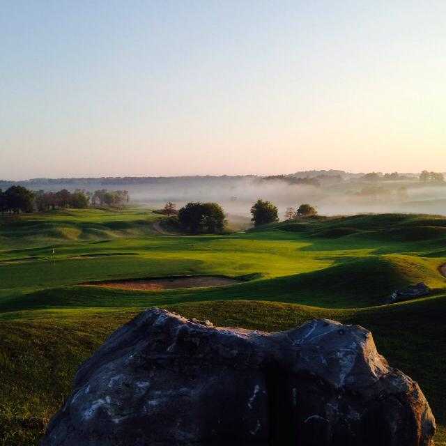 View of the 9th hole and the lake at GreyStone Golf Club.