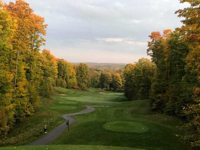 A fall day view from a tee at Hawk's Eye Golf Resort.